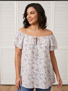 Passport Off-Shoulder Floral Tunic - Cream with Blue & Pink Print